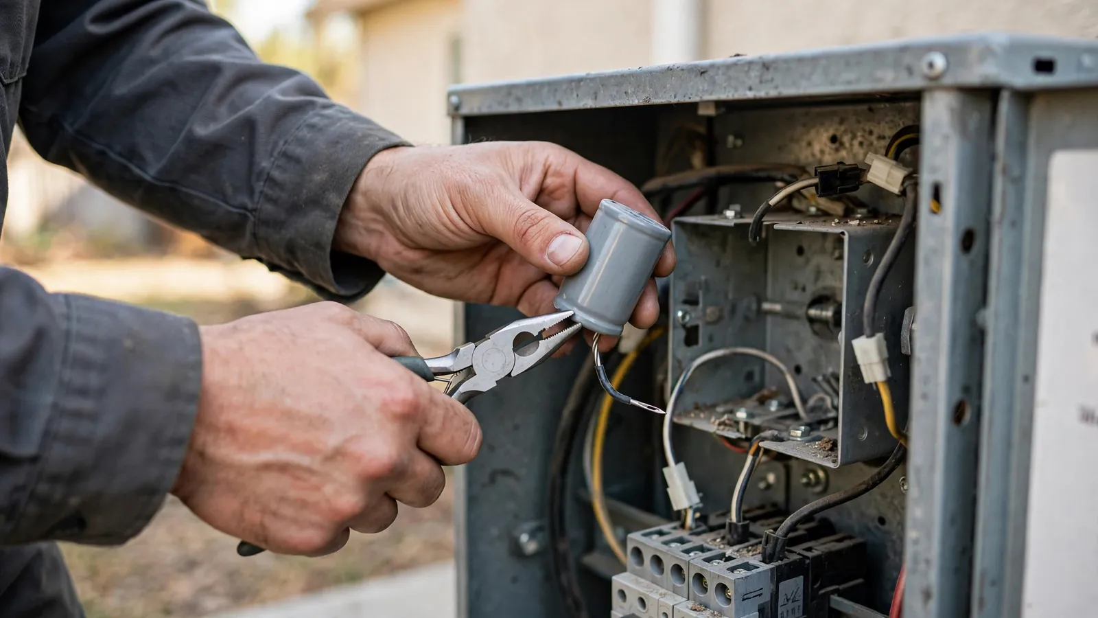 Hands replacing a run capacitor inside an open AC condenser control panel