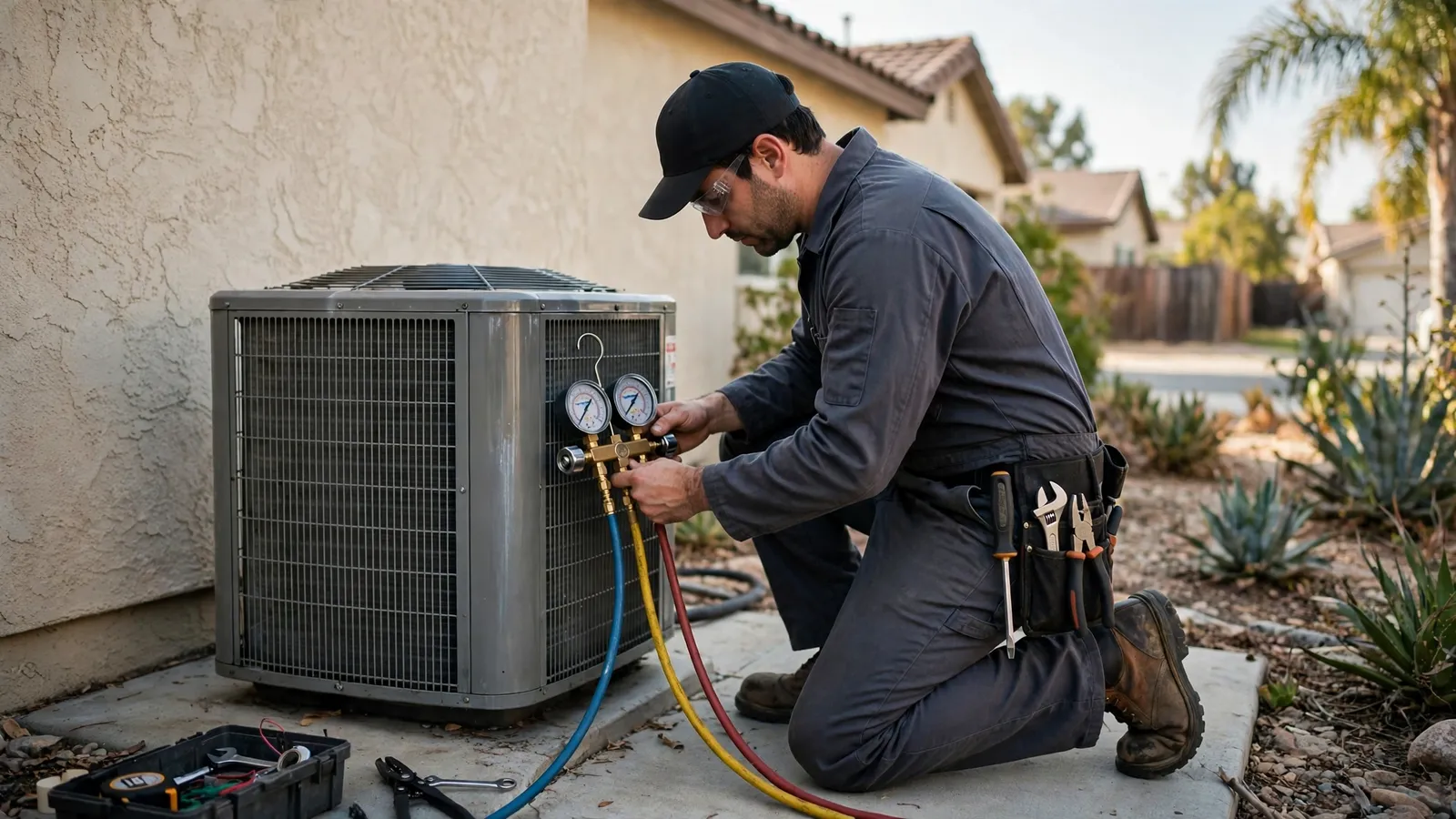 HVAC technician kneeling beside an outdoor AC condenser with manifold gauges connected