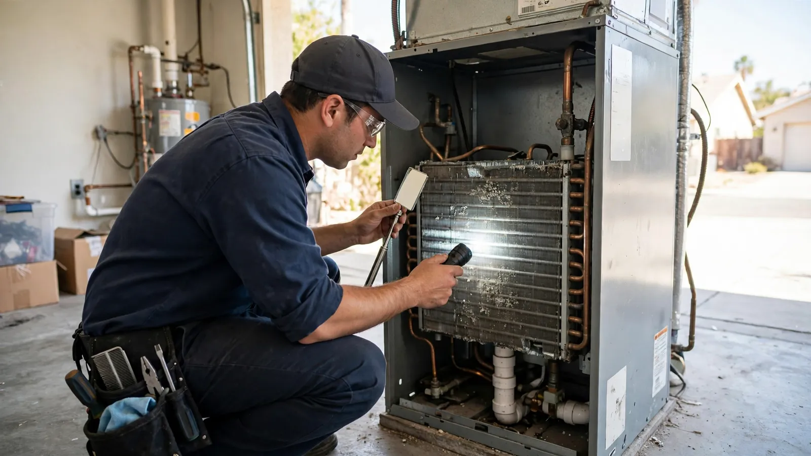 Technician inspecting an indoor evaporator coil with a flashlight in a garage