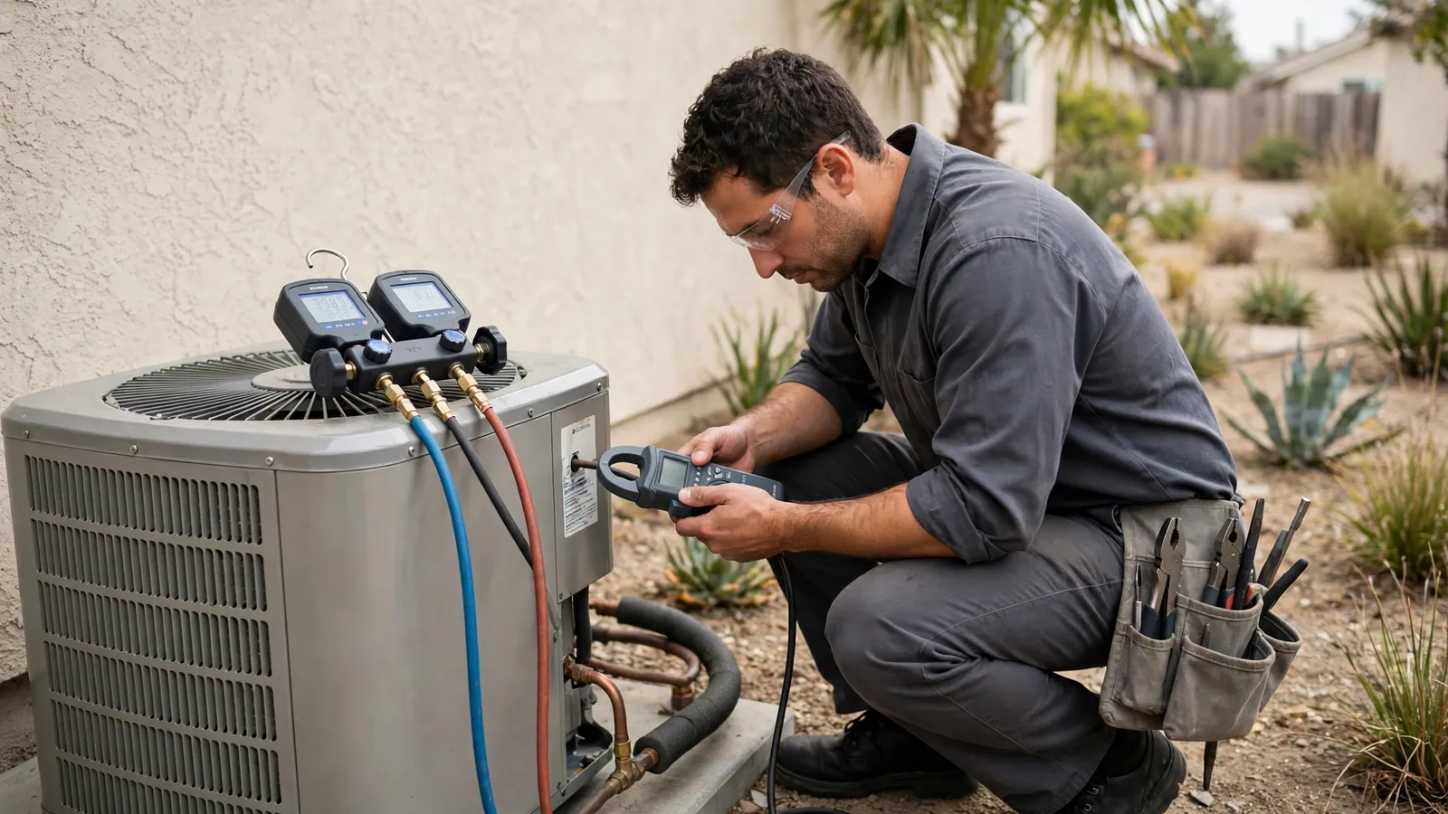 Technician reading digital manifold gauges connected to an outdoor AC unit